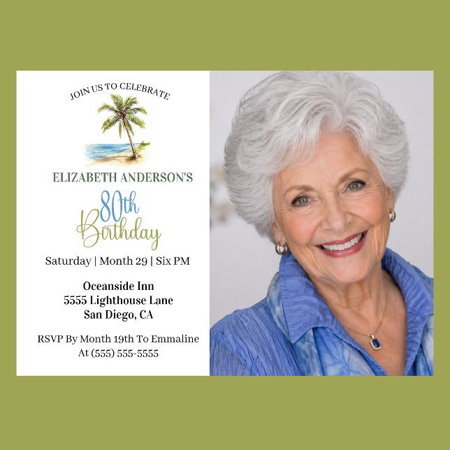 Strand Palmträd 80-års födelsedagsfoto Inbjudningar (Elegant coastal 80th birthday photo invitation with tropical palm tree beach design and ocean theme )