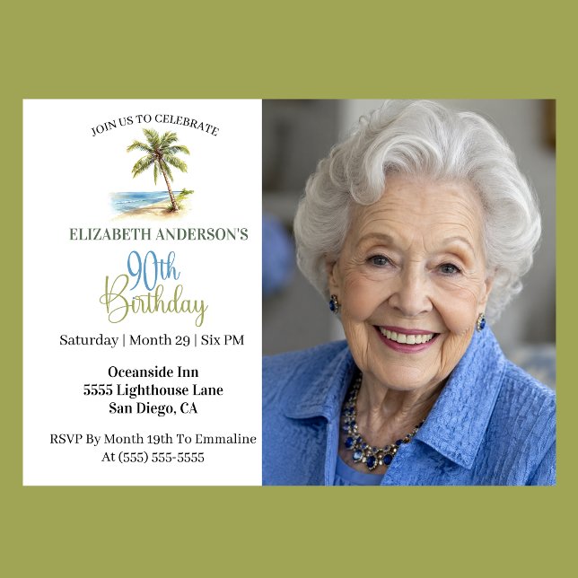 Strand Palmträd 90-års födelsedagsfoto Inbjudningar (Elegant coastal 90th birthday photo invitation with tropical palm tree beach design and ocean theme )