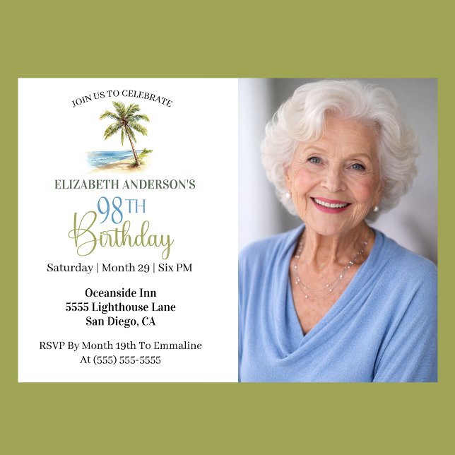 Strand Palmträd 98-års födelsedagsfoto Inbjudningar (Elegant coastal 98th birthday photo invitation with tropical palm tree beach design and ocean theme )