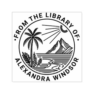 Strand Palmträd Berg Sol Bibliotek Bok Namn Självfärgande Stämpel