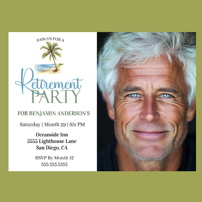 Strand Palmträd Pensionärsfest Inbjudningar (Tropical beach Retirement  Party invitation with watercolor palm tree )