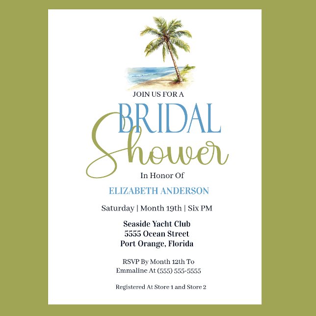 Strand Palmtree Bröllopsfest Inbjudningar (Tropical beach bridal shower invitation with palm tree watercolor and coastal seaside theme in blue )