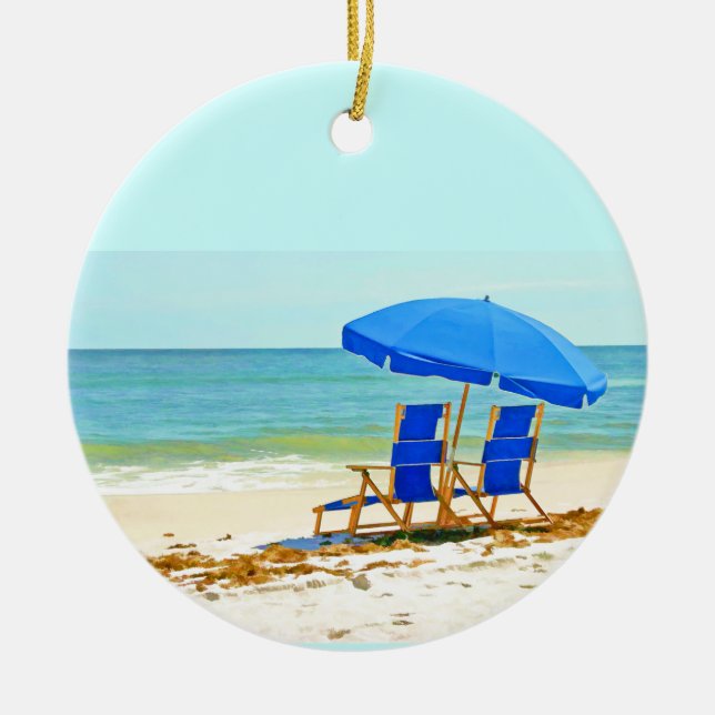 Strand, paraply och stolar på kusten julgransprydnad keramik (Framsidan)