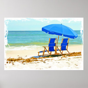 Strand, paraply och stolar på kusten poster