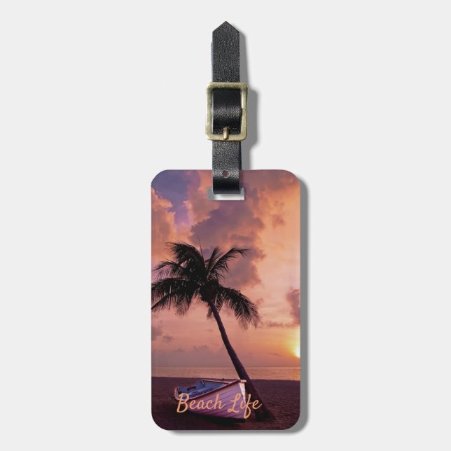 Strand, Sand, Palm, Båt, Solnedgång -Personlig Bagagebricka (Vertikal Framsida)