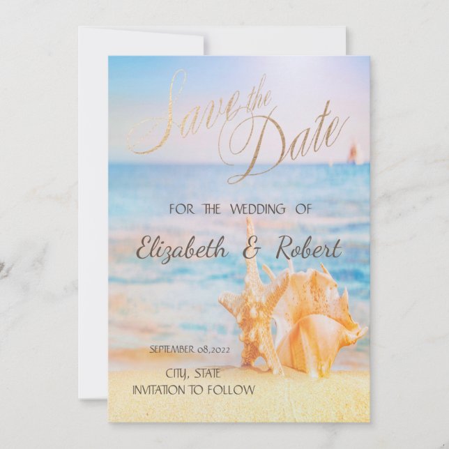 Strand, Sjöstjärna, Snigelskal Save The Date Spara Datumet (Framsida)