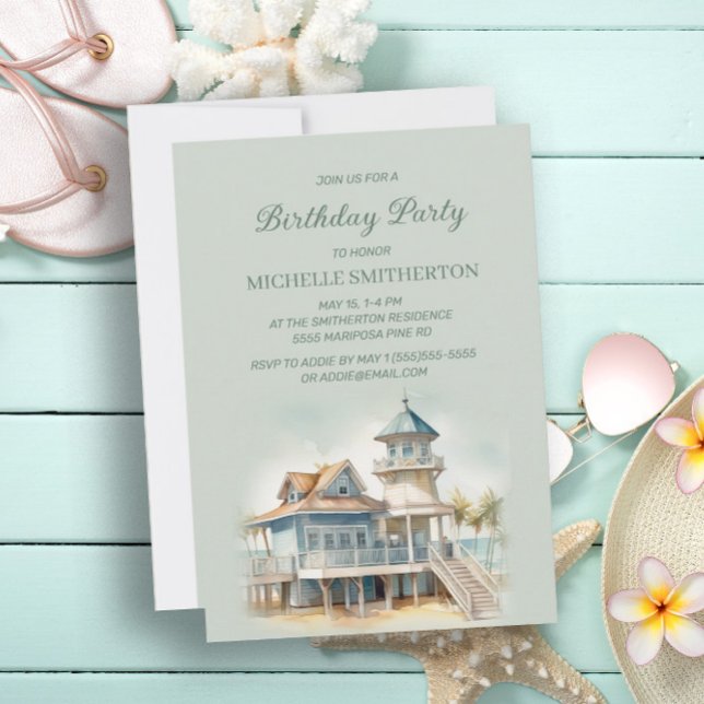 Strand Sjöstuga Hem Palmer Födelsedag Inbjudningar (Skapare uppladdad)