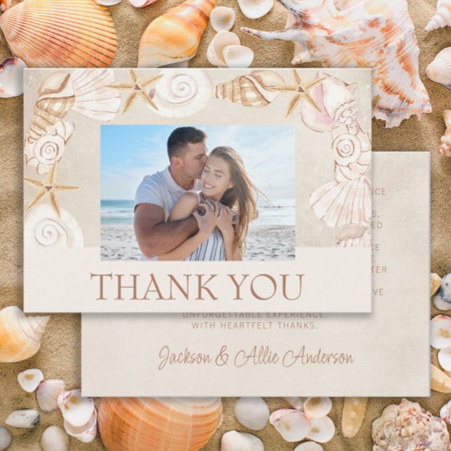 Strand Sniglar Sand Kust Bröllopsfoto  Tack Kort (Beach/sea shells wedding photo Thank You card)