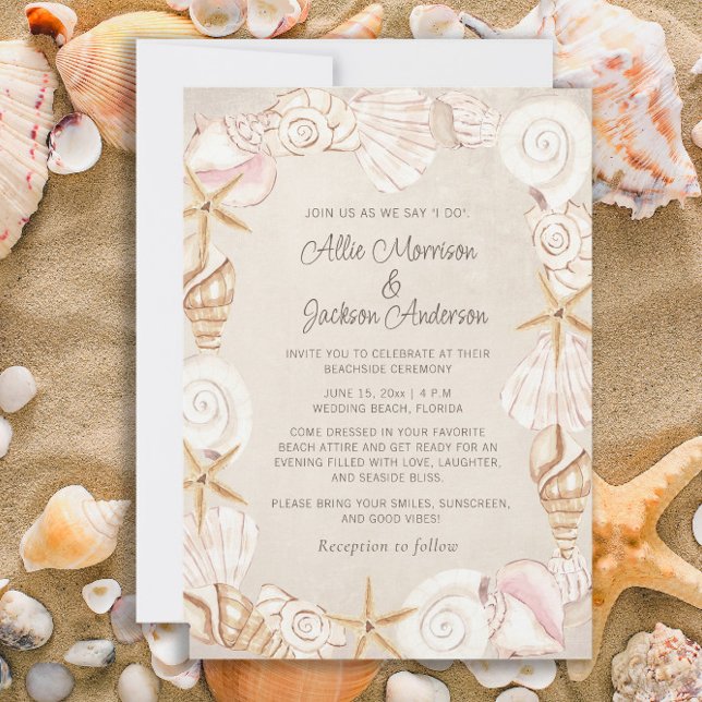 Strand Sniglar Sand Kustbröllop  Inbjudningar (Beach, seashells, and starfish wedding invitation)