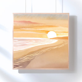Strand Solnedgång Akvarell | Vacker Gul Poster