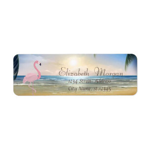 Strand,Solnedgång,Palmträd, Rosa Flamingo Returadress Etikett