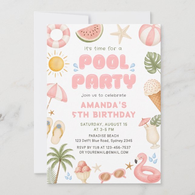 Strand Sommar Poolparty Födelsedagsfoto Inbjudan (Framsida)