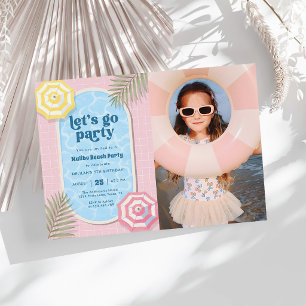 Strand Sommar Poolparty Rosa Födelsedagsfoto Inbjudningar