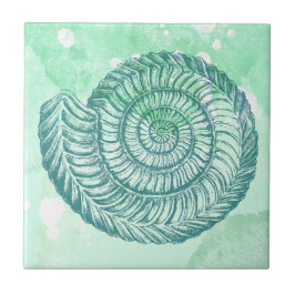 Strand Spiral Snigelskal Blå Akvarell Kakelplatta