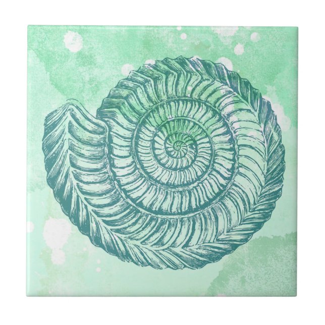 Strand Spiral Snigelskal Blå Akvarell Kakelplatta (Framsidan)