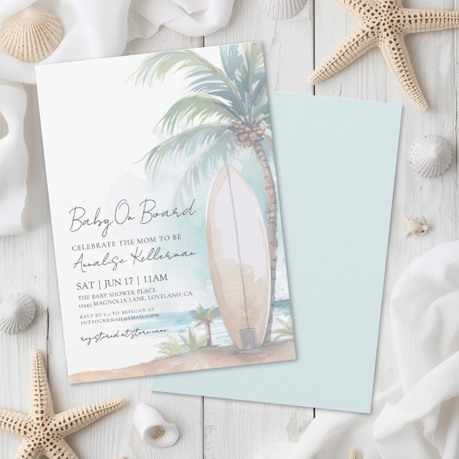 Strand Surf Baby Ombord Sommar Bebis Shower Inbjudningar (Beach Surf Baby On Board Summer Baby Shower Invitation)