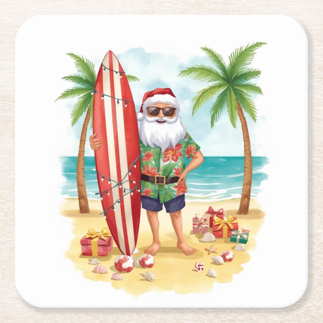 Strand Surf Julfest med Tomte  Underlägg Papper Kvadrat (Framsidan)