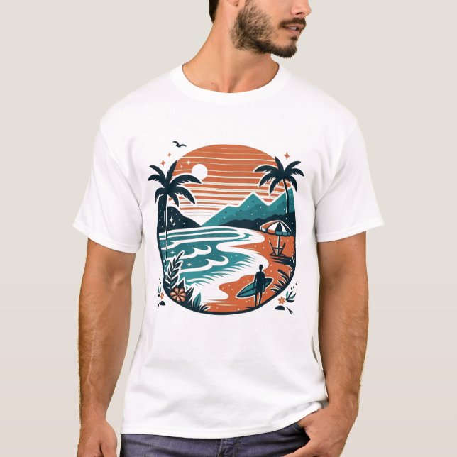 Strand Surf Retro Solnedgång & Palmträd T Shirt (Framsida)