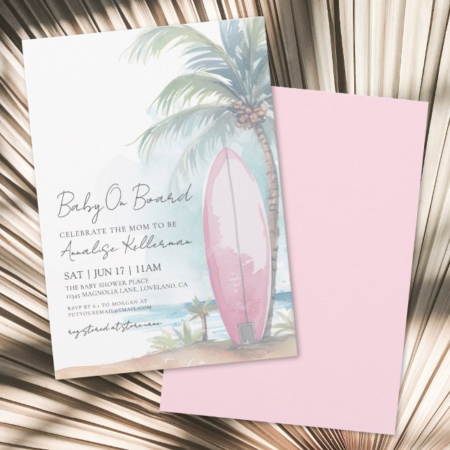 Strand Surfbräda Bebis Ombord Sommar Bebis Shower Inbjudningar (Beach Surfboard Baby On Board Summer Baby Shower Invitation)