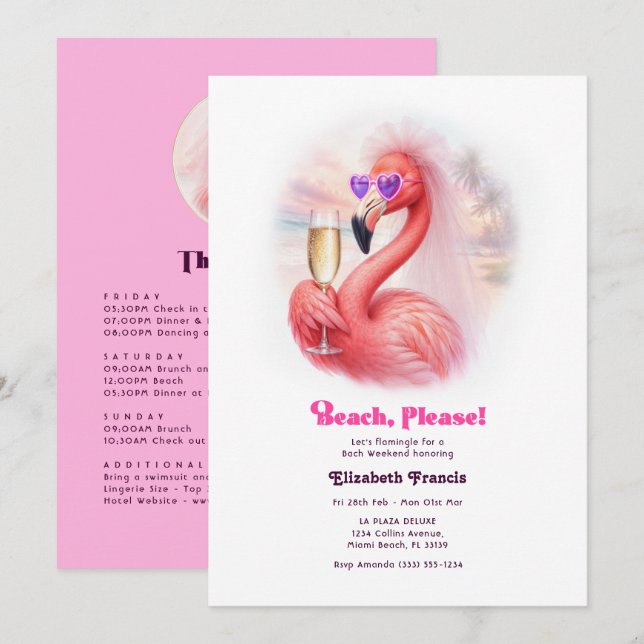 Strand, tack! Flamingo möhippa Inbjudningar (Fram/baksida)