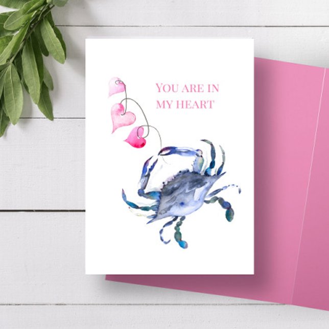 Strand Valentinehjärtansdags kort Blå krabba och h (Valentine's Day card features unique watercolor art by Victoria Grigaliunas of Do Tell A Belle)