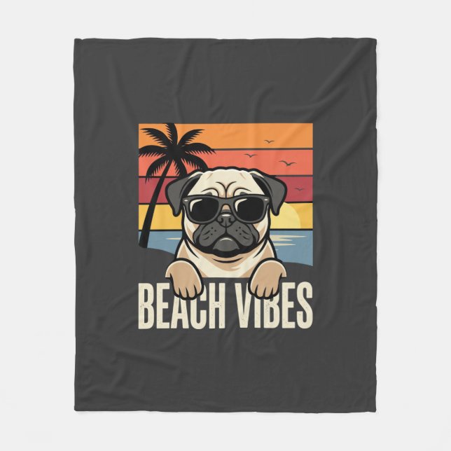 Strand Vibbar Pug Hund Solnedgång Fleecefilt (Framsidan)