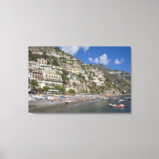 Strand vid Positano, Kampanien, Italien Canvastryck (Framsida)