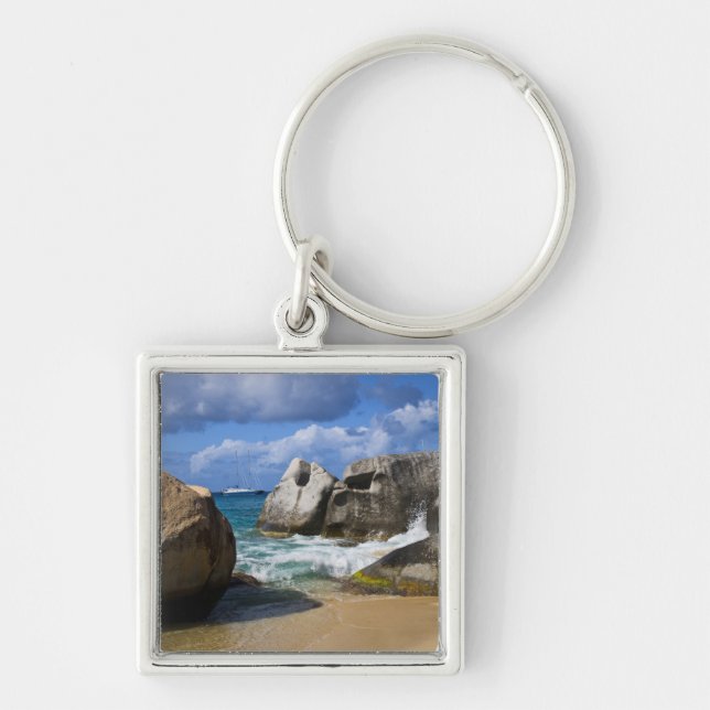 Strand vid Virgin Gorda, Brittiska Jungfruöarna Fyrkantig Silverfärgad Nyckelring (Framsidan)