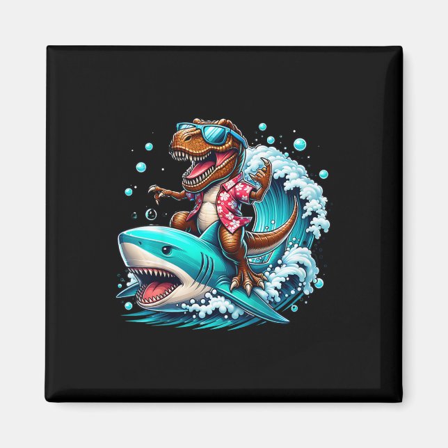 Strandälskande T-Rex Dinosaurie Ridande Haj Surfan Magnet (Framsidan)