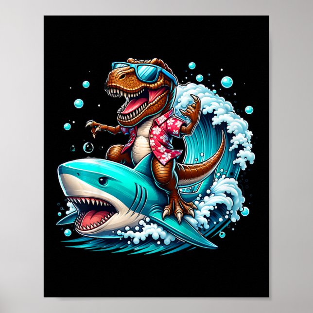 Strandälskare T-rex Dinosaur Ridande Haj Surfande  Poster (Framsidan)