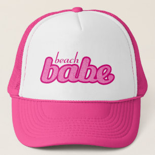 "strandbabe" denim shock rosa och vit hatt truckerkeps