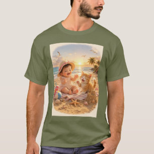 Strandbaby och kattens sandslottglädje t shirt