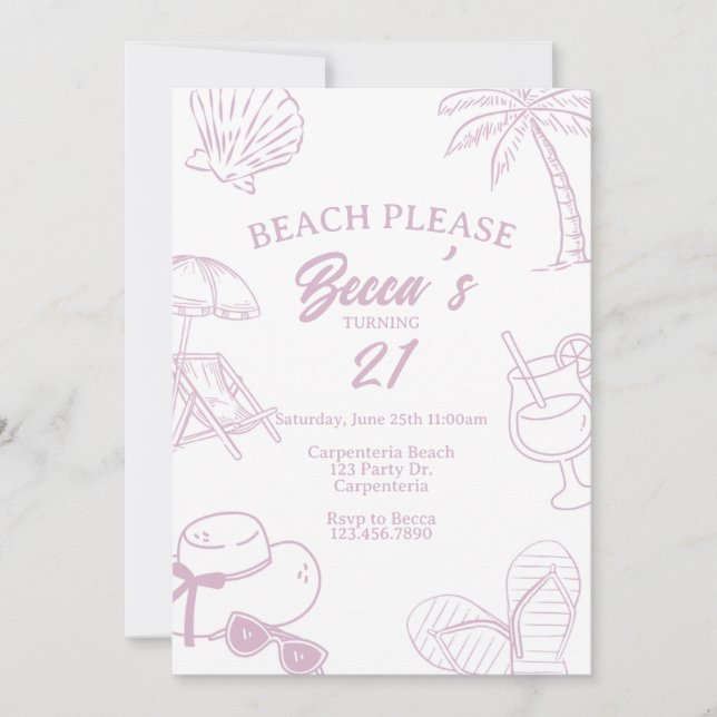 Strandbitte, Vuxenfest, Strandfest, Simfest Inbjudningar (Framsida)