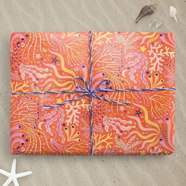 Strandboho Sjögräs Orange Presentpapper (Beachy Boho Seagrass Orange wrapping paper gift mockup)