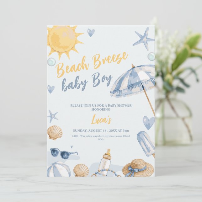 strandbrise pojke blå baby shower inbjudan (Stående Fram)