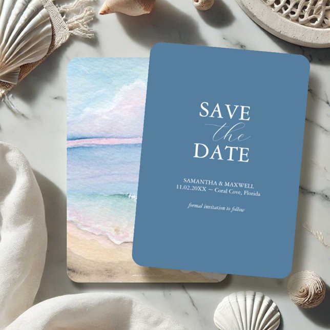 Strandbröllop Akvarell Rädda Datum-kort Spara Datumet (beach wedding save the dates watercolor ocean art by Victoria Grigaliunas of Do Tell A Belle)