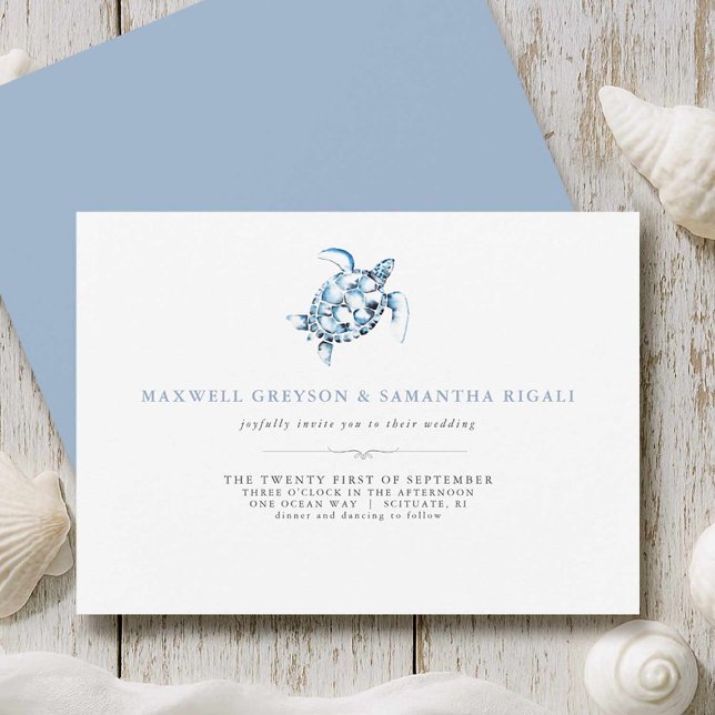Strandbröllop Blå Havssköldpadda Inbjudningar (Beach wedding invitations printing watercolor sea turtle art by Victoria Grigaliunas Do Tell A Belle)