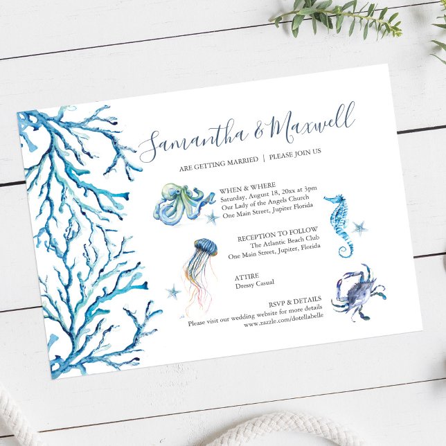 Strandbröllop Blått Vattenfärg Illustrerat Inbjudningar (Custom beach wedding invitation cards features unique watercolor art by Victoria Grigaliunas)