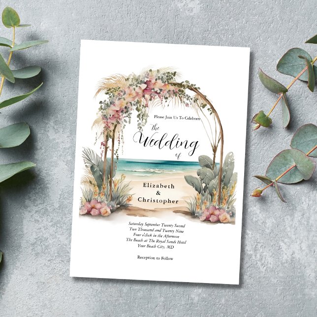 Strandbröllop Blommig Botanisk Båge Bröllop Inbjudningar (Beach Wedding Destination Wedding Tropical Wedding Invitation Digital and or Printed)