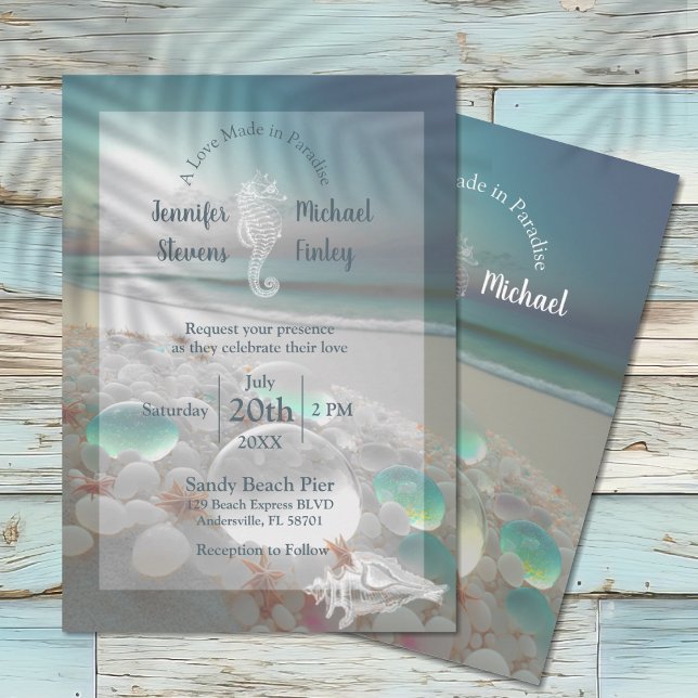 Strandbröllop Elegant Havsglas Bröllop Inbjudningar (Beach Wedding Sea Glass Destination Invitation)