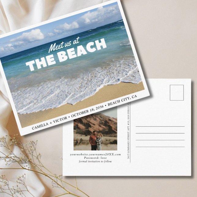 Strandbröllop havsfoto Spara datum Postkort Vykort (Beach Wedding Ocean Photo Save the Date Postcard
)