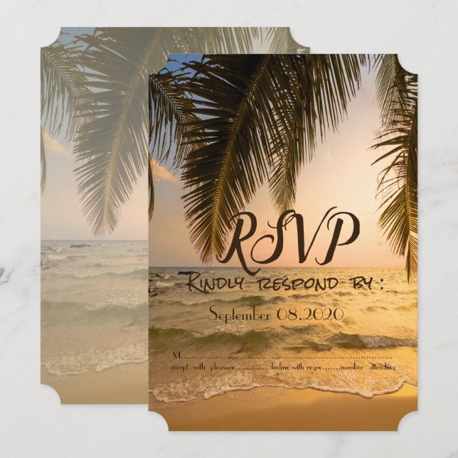 Strandbröllop, Palm Solnedgång RSVP Inbjudningar (Fram/baksida)