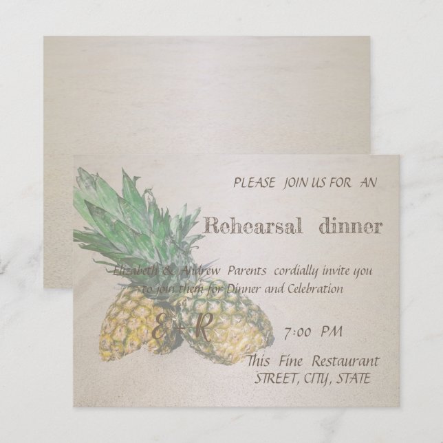 Strandbröllop Pineapple   Övningsmiddag Inbjudningar (Fram/baksida)