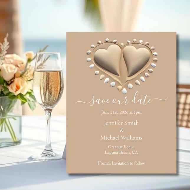 Strandbröllop Sandhjärtan - Spara vår dag Tilläggskort (Beach Wedding Sand Hearts-Save Our Date Enclosure Card )