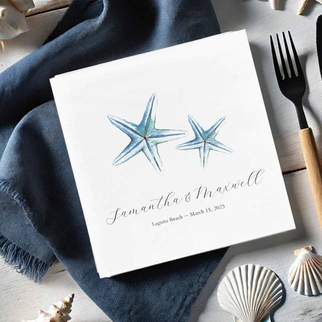 Strandbröllop Vattenfärg Södra Stjärna Pappersservett (Beach wedding cocktail napkins personalized with the bride and grooms names and blue starfish)