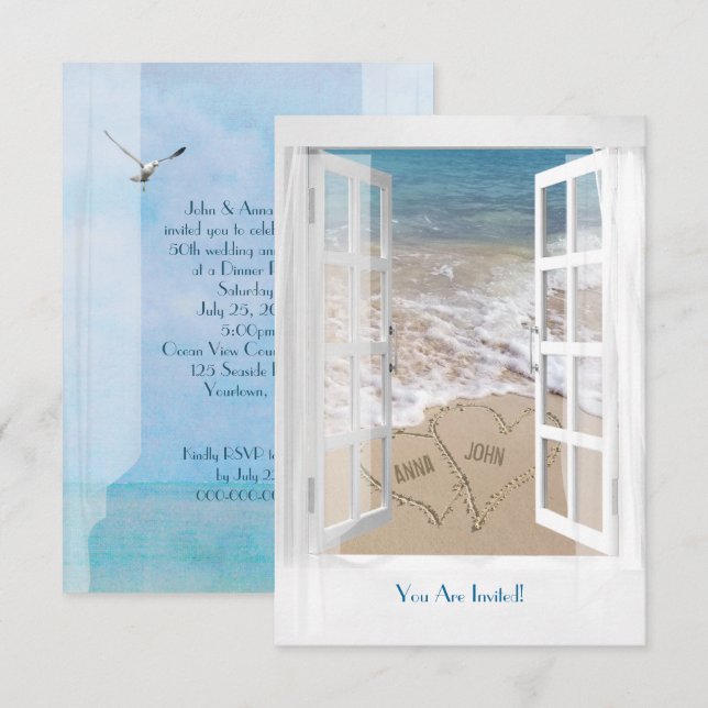 Strandbröllops årsdags middagsfest vid havet inbjudningar (Fram/baksida)