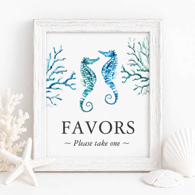 Strandbröllopsgåvor Sjöstjärna Poster (Beach wedding favors sign with watercolor seahorses by Victoria Grigaliunas of Do Tell A Belle)