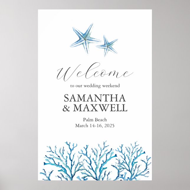 Strandbröllopshelgens välkomstskylt sjöstjärna poster (Framsidan)
