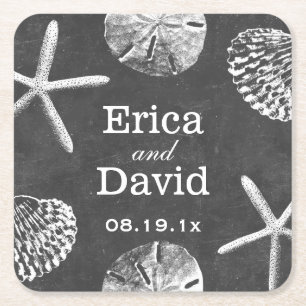 Strandbröllopsjöstjärna & svart tavla för underlägg papper kvadrat
