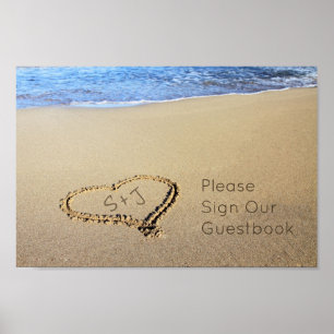 Strandbröllopskylt Gästbok Sand Hjärtinitialer Poster
